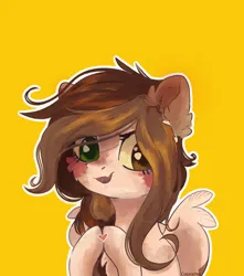 Size: 1280x1451 | Tagged: safe, alternate version, artist:colorbrush, derpibooru import, oc, unofficial characters only, pegasus, pony, bust, heart, heterochromia, image, jpeg, portrait, simple background, smiling, solo, yellow background