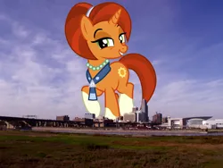 Size: 2816x2112 | Tagged: safe, artist:cheezedoodle96, artist:jaredking779, derpibooru import, edit, stellar flare, pony, unicorn, coat markings, female, giant pony, giant stellar flare, giant unicorn, giantess, grin, high res, highrise ponies, image, irl, jewelry, jpeg, looking at you, macro, mare, mega giant, nebraska, necklace, omaha, pearl necklace, photo, ponies in real life, smiling, socks (coat marking), solo, standing on two hooves