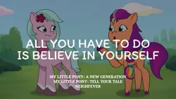 Size: 1920x1080 | Tagged: safe, derpibooru import, edit, edited screencap, editor:quoterific, screencap, sunny starscout, my little pony: tell your tale, spoiler:g5, spoiler:my little pony: tell your tale, spoiler:tyts01e16, dahlia, g5, image, neighfever, png