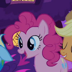 Size: 300x300 | Tagged: safe, derpibooru import, screencap, applejack, pinkie pie, rainbow dash, earth pony, pegasus, pony, read it and weep, season 2, animated, cropped, cute, diapinkes, eyes closed, female, gif, image, mare, pinkie being pinkie, tongue out