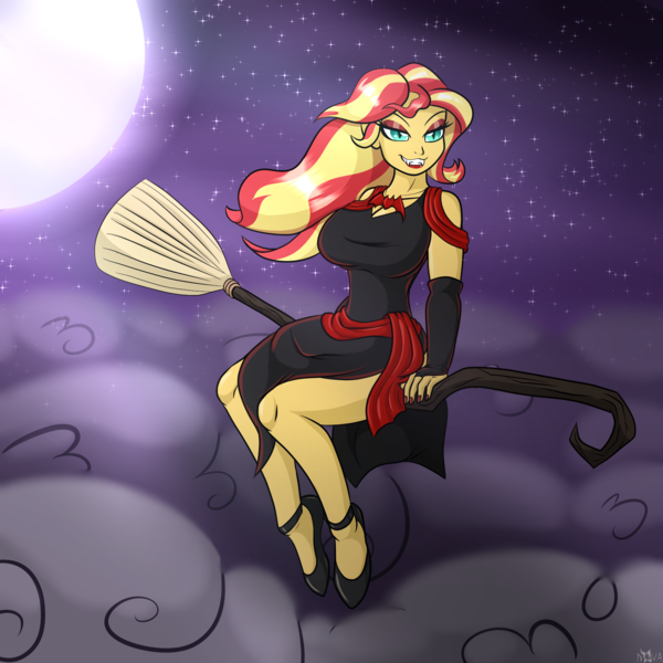 Size: 2000x2000 | Tagged: safe, artist:novaspark, derpibooru import, sunset shimmer, undead, vampire, equestria girls, broom, clothes, costume, fangs, female, flying, flying broomstick, halloween, halloween costume, hex girls, holiday, image, lipstick, moon, night, png, solo, witch