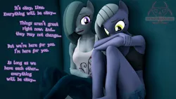 Size: 1920x1080 | Tagged: safe, artist:senthaurekmern, derpibooru import, limestone pie, marble pie, anthro, earth pony, 3d, comforting, dialogue, female, fetal position, image, one eye covered, png, sad, siblings, sisters