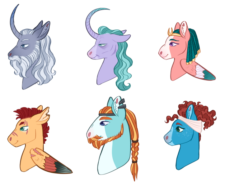 Size: 1280x1062 | Tagged: safe, artist:s0ftserve, derpibooru import, flash magnus, meadowbrook, mistmane, rockhoof, somnambula, star swirl the bearded, earth pony, pegasus, pony, unicorn, beard, braided ponytail, curved horn, ear piercing, eye scar, facial hair, facial scar, female, freckles, hair bun, headcanon, headcanon in the description, horn, image, male, mare, mohawk, piercing, pillars of equestria, png, profile, redesign, scar, scarred, stallion, story included