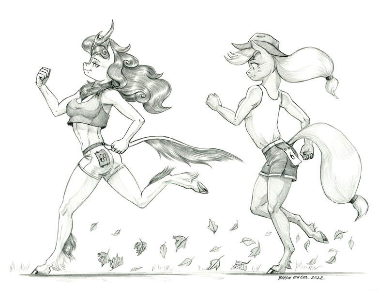 Size: 1500x1155 | Tagged: safe, artist:baron engel, derpibooru import, applejack, autumn blaze, anthro, earth pony, kirin, unguligrade anthro, clothes, duo, female, image, jpeg, monochrome, pencil drawing, shorts, traditional art