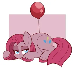 Size: 659x614 | Tagged: safe, artist:lulubell, derpibooru import, pinkie pie, earth pony, pony, balloon, cutie mark, female, image, looking at you, lying down, mare, pinkamena diane pie, png, prone, red balloon, simple background, solo, straight mane, straight tail, unshorn fetlocks
