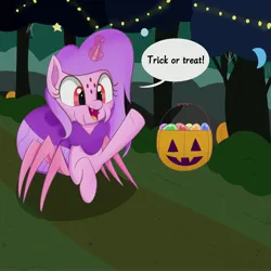 Size: 3000x3000 | Tagged: safe, artist:bestponies, derpibooru import, oc, oc:silky web, unofficial characters only, monster pony, original species, pony, spider, spiderpony, unicorn, changeling egg, cute, decoration, dialogue, egg, fangs, female, halloween, holiday, image, jpeg, magic, mare, multiple eyes, nightmare night, open mouth, open smile, pumpkin, smiling, solo, telekinesis