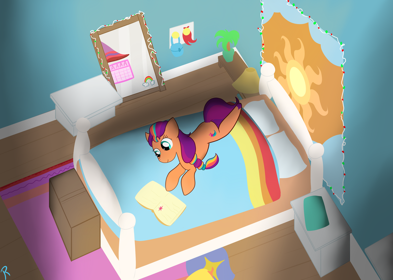 Size: 2800x2000 | Tagged: safe, artist:reinbou, derpibooru import, sunny starscout, earth pony, pony, my little pony: a new generation, bedroom, diary, g5, image, pillow, png, poster, princess celestia's cutie mark, solo