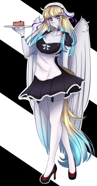 Size: 1576x3000 | Tagged: safe, artist:carbutt69, derpibooru import, oc, oc:brave jockey, anthro, pegasus, boots, bow, breasts, cake, clothes, colored wings, food, hair bow, high heel boots, image, jpeg, kneesocks, maid, multicolored eyes, multicolored hair, multicolored wings, shoes, small breasts, socks, wings