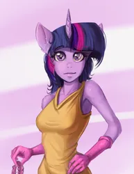 Size: 2926x3799 | Tagged: artist needed, source needed, safe, twilight sparkle, anthro, abstract background, apron, bemused, clothes, ear fluff, female, gloves, hand on hip, holding, horn, image, jpeg, looking at you, multicolored hair, purple eyes, purple skin, solo, tanktop