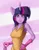 Size: 2926x3799 | Tagged: artist needed, source needed, safe, twilight sparkle, anthro, abstract background, apron, bemused, clothes, ear fluff, female, gloves, hand on hip, holding, horn, image, jpeg, looking at you, multicolored hair, purple eyes, purple skin, solo, tanktop