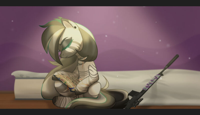 Size: 1280x738 | Tagged: safe, artist:emperor-anri, derpibooru import, oc, unofficial characters only, zebra, bed, book, eyelashes, eyes closed, gun, image, jpeg, reading, rifle, sitting, solo, weapon, zebra oc