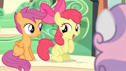 Size: 1920x1080 | Tagged: safe, derpibooru import, screencap, apple bloom, scootaloo, sweetie belle, earth pony, pegasus, pony, unicorn, for whom the sweetie belle toils, season 4, 1080p, adorabloom, cute, cutealoo, cutie mark crusaders, female, filly, foal, image, jpeg, looking at each other, looking at someone, open mouth, trio