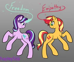 Size: 2034x1696 | Tagged: safe, artist:hayley566, derpibooru import, starlight glimmer, sunset shimmer, pony, unicorn, duo, female, gradient background, image, looking at each other, looking at someone, png, slim