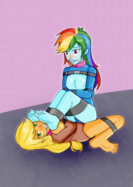 Size: 1360x1920 | Tagged: questionable, artist:orinchi303, derpibooru import, applejack, rainbow dash, equestria girls, applesub, barefoot, blushing, bondage, dashsub, feet, female, femsub, fetish, foot fetish, gag, image, jpeg, latex, latex suit, lesbian, nipples, nudity, submissive