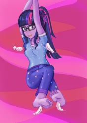 Size: 2150x3035 | Tagged: safe, artist:orinchi303, derpibooru import, sci-twi, twilight sparkle, equestria girls, abstract background, barefoot, feather, feet, female, fetish, glasses, image, png, solo, tickle fetish, tickling