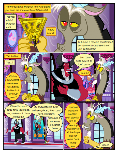 Size: 612x792 | Tagged: safe, artist:newbiespud, derpibooru import, edit, edited screencap, screencap, discord, lord tirek, centaur, draconequus, taur, comic:friendship is dragons, twilight's kingdom, comic, dialogue, image, indoors, jewelry, male, necklace, nose piercing, nose ring, piercing, png, screencap comic