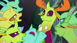 Size: 1920x1080 | Tagged: safe, derpibooru import, screencap, arista, clypeus, cornicle, frenulum (character), soupling, thorax, changedling, changeling, season 7, to change a changeling, 1080p, angry, changeling king, image, jpeg, king thorax, lokiax, male, nose in the air, simple background, transparent background, vector, we want him banished!