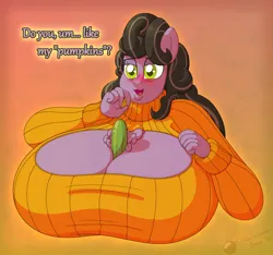 Size: 1874x1752 | Tagged: suggestive, artist:gunpowdergreentea, derpibooru import, part of a set, oc, oc:modest prospect, anthro, earth pony, big breasts, blushing, boob window, breasts, cleavage, clothes, dialogue, earth pony oc, female, halloween, holiday, huge breasts, image, impossibly large breasts, innuendo, png, solo, sweater, talking