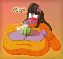 Size: 1874x1752 | Tagged: suggestive, artist:gunpowdergreentea, derpibooru import, oc, oc:modest prospect, anthro, earth pony, big breasts, blushing, boob window, breasts, cleavage, clothes, dialogue, earth pony oc, expansion, female, halloween, holiday, huge breasts, hyper, hyper breasts, image, impossibly large breasts, innuendo, onomatopoeia, open mouth, pinpoint eyes, png, solo, sound effects, sweater, talking, wide eyes