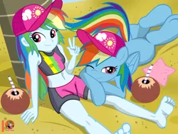 Size: 2700x2025 | Tagged: suggestive, artist:succubi samus, derpibooru import, rainbow dash, human, pegasus, pony, equestria girls, 20% cooler, barefoot, beach, butt, cap, clothes, coconut, cute, duality, feet, food, hat, human ponidox, image, looking at you, multicolored hair, multicolored mane, one eye closed, peace sign, png, rainbutt dash, self paradox, self ponidox, shading, smiling, swimsuit, tail