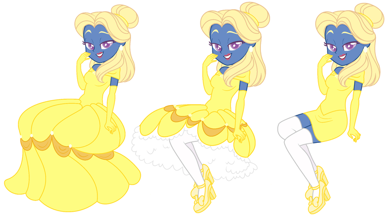 Size: 2048x1152 | Tagged: suggestive, artist:lavender-doodles, derpibooru import, oc, oc:azure/sapphire, equestria girls, beauty and the beast, belle, clothes, costume, crossdressing, femboy, gargoyles, gloves, high heels, image, jpeg, makeup, male, sexy belle, shoes, socks, stockings, sultry pose, thigh highs