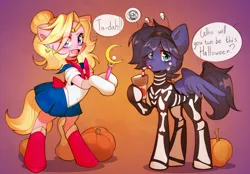 Size: 3716x2592 | Tagged: safe, artist:pledus, derpibooru import, oc, oc:fenris ebonyglow, oc:kara waypoint, unofficial characters only, earth pony, pegasus, pony, clothes, costume, halloween, halloween costume, holiday, image, png, pumpkin, sailor moon, simple background, skeleton costume