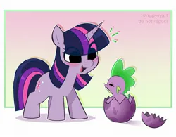 Size: 2118x1651 | Tagged: safe, artist:syrupyyy, derpibooru import, spike, twilight sparkle, dragon, pony, unicorn, baby, baby dragon, baby spike, blushing, cute, do not repost xd, dragon egg, duo, egg, emanata, eye clipping through hair, female, filly, filly twilight sparkle, gradient background, hatching, image, jpeg, mama twilight, ponytober, spikabetes, twiabetes, unicorn twilight, younger
