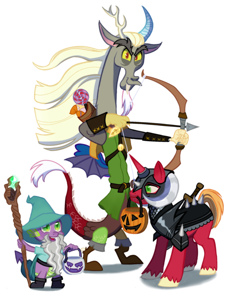 Size: 1880x2412 | Tagged: artist needed, safe, derpibooru import, big macintosh, discord, spike, draconequus, dragon, unicorn, arrow, bag, bucket, candy, candy bag, clothes, commissioner:zcord, costume, dungeons and dragons, food, garbuncle, halloween, halloween costume, holiday, image, implied rarity, ogres and oubliettes, pen and paper rpg, png, race swap, rpg, show accurate, sir mcbiggen, story included, unicorn big mac