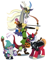 Size: 1880x2412 | Tagged: artist needed, safe, derpibooru import, big macintosh, discord, spike, draconequus, dragon, unicorn, arrow, bag, bucket, candy, candy bag, clothes, commissioner:zcord, costume, dungeons and dragons, food, garbuncle, halloween, halloween costume, holiday, image, implied rarity, ogres and oubliettes, pen and paper rpg, png, race swap, rpg, show accurate, sir mcbiggen, story included, unicorn big mac