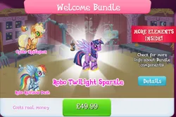 Size: 1286x860 | Tagged: safe, derpibooru import, official, applejack, rainbow dash, twilight sparkle, twilight sparkle (alicorn), alicorn, earth pony, pegasus, pony, robot, robot pony, antennae, applebot, barn, bundle, camera, collection, costs real money, english, female, gameloft, group, hologram, horn, horns, image, jpeg, mare, numbers, rainbot dash, roboticization, spread wings, text, twibot, wings