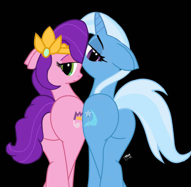 Size: 903x884 | Tagged: suggestive, artist:sarahthefox97, derpibooru import, pipp petals, trixie, pegasus, pony, unicorn, black background, butt, duo, duo female, female, g4, g5, image, jpeg, looking at you, looking back, looking back at you, mare, simple background, the great and powerful ass