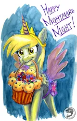 Size: 3188x4994 | Tagged: safe, artist:invalid-david, derpibooru import, derpy hooves, pegasus, pony, mlp fim's twelfth anniversary, alicorn costume, clothes, costume, fake cutie mark, fake horn, fake wings, food, g4, halloween, halloween costume, holiday, image, jpeg, muffin, nightmare night, nightmare night costume, solo, text, traditional art, trick or treat, watercolor painting
