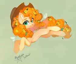 Size: 2700x2300 | Tagged: safe, artist:jsunlight, artist:sofiko-ko, derpibooru import, pear butter, earth pony, pony, collaboration, cowboy hat, female, flower, flower in hair, green background, hat, high res, image, jpeg, looking at you, mare, simple background, smiling, smiling at you, solo