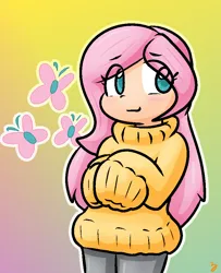 Size: 748x923 | Tagged: safe, artist:zutcha, derpibooru import, fluttershy, human, clothes, cutie mark background, eye clipping through hair, gradient background, humanized, image, png, solo, sweater, sweatershy