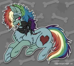 Size: 900x800 | Tagged: semi-grimdark, artist:mechanakal, derpibooru import, rainbow dash, pegasus, pony, undead, zombie, zombie pony, fanfic:cupcakes, mlp fim's twelfth anniversary, bone, bow, female, fluffy, gray background, hair over one eye, image, looking sideways, mare, one ear down, open mouth, open smile, outline, pattern, patterned background, png, ribbon, scar, simple background, smiling, solo, sticker, stitches, unshorn fetlocks, white outline