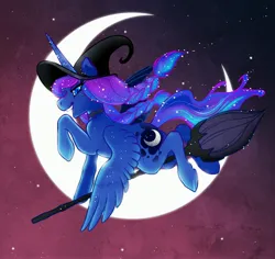 Size: 3600x3392 | Tagged: safe, artist:opalacorn, derpibooru import, princess luna, alicorn, pony, alternate hairstyle, braid, broom, choker, crescent moon, female, flying, flying broomstick, halloween, hat, holiday, image, jpeg, mare, moon, night, solo, witch hat