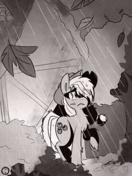 Size: 1050x1400 | Tagged: safe, artist:provolonepone, derpibooru import, applejack, earth pony, pony, comic:sapphic story, applejack's hat, bush, comic, cowboy hat, cutie mark, hat, image, leaf, monochrome, png, rain, tree