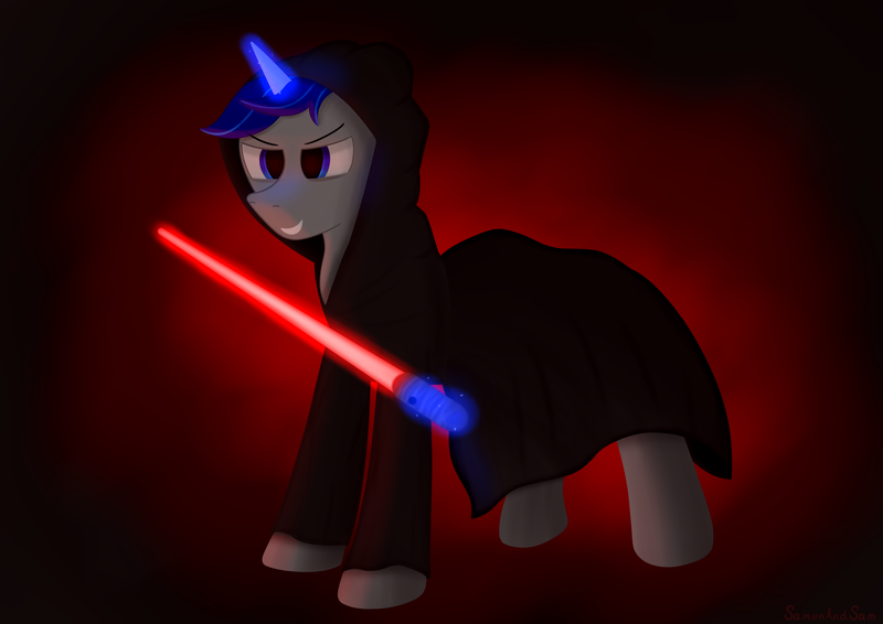 Size: 3508x2480 | Tagged: safe, artist:samenandsam, derpibooru import, oc, oc:sound shiver, pony, unicorn, clothes, image, lightsaber, magic, png, simple background, sith, solo, star wars, telekinesis, weapon