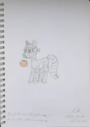 Size: 1419x2000 | Tagged: safe, artist:pink amena, derpibooru import, lyra heartstrings, pony, unicorn, mlp fim's twelfth anniversary, bag, clothes, costume, image, jpeg, mouth hold, mummy, nightmare night, nightmare night costume, pencil drawing, solo, traditional art