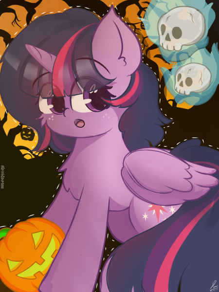 Size: 975x1300 | Tagged: safe, artist:grithcourage, derpibooru import, twilight sparkle, twilight sparkle (alicorn), alicorn, mlp fim's twelfth anniversary, confused, cute, female, holding, image, png, pumpkin, signature, skull, solo, solo female