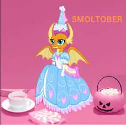 Size: 1396x1384 | Tagged: safe, artist:darlycatmake, derpibooru import, smolder, beautiful, candy, clothes, costume, cup, cute, dragon wings, dress, flower, food, froufrou glittery lacy outfit, gloves, halloween, halloween costume, happy, holiday, image, jewelry, jpeg, long gloves, looking at you, necklace, pink background, princess, princess smolder, relaxed, relaxed face, simple background, smiling, smiling at you, smolderbetes, spread wings, tea, teacup, wings