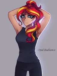 Size: 2150x2840 | Tagged: safe, artist:opal_radiance, derpibooru import, sunset shimmer, human, equestria girls, arm behind head, armpits, female, humanized, image, png, ponytail, raised arms, singlet, solo