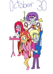 Size: 3000x4157 | Tagged: safe, artist:bigpurplemuppet99, derpibooru import, blueberry pie, derpy hooves, raspberry fluff, sunset shimmer, equestria girls, image, jem and the holograms, png, the muffins