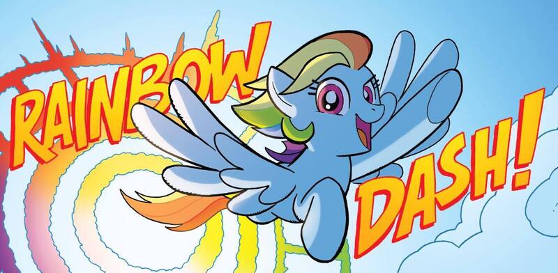 Size: 1334x653 | Tagged: safe, artist:tonyfleecs, derpibooru import, idw, rainbow dash, pegasus, pony, friends forever, spoiler:comic, dialogue, female, flying, g4, image, jpeg, mare, solo, sonic rainboom