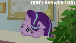 Size: 1280x720 | Tagged: safe, derpibooru import, edit, edited screencap, editor:quoterific, screencap, phyllis, starlight glimmer, a horse shoe-in, floppy ears, image, png, starlight's office