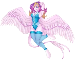 Size: 2898x2308 | Tagged: safe, artist:ouijaa, derpibooru import, oc, oc:darling, unofficial characters only, anthro, pegasus, blue eyes, blue underwear, bodysuit, clothes, feathered tail, fishnet pantyhose, image, lace, leonine tail, lingerie, long hair, mesh lingerie, pink body, png, simple background, socks, solo, spread wings, tail, thigh highs, transparent background, underwear, velvet, wings