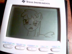 Size: 640x480 | Tagged: safe, artist:gigglesplat, derpibooru import, berry punch, berryshine, earth pony, pony, the super speedy cider squeezy 6000, calculator, female, graphing calculator, image, irl, jpeg, mare, photo, reddit, sad, solo, table, texas instruments