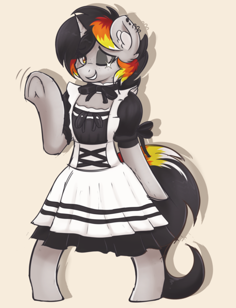 Size: 2388x3120 | Tagged: safe, artist:czu, artist:sugar morning, derpibooru import, oc, oc:moonshine, unofficial characters only, pony, unicorn, bipedal, clothes, completed sketch, cute, ear fluff, ear piercing, female, freckles, image, looking at you, maid, mare, one eye closed, piercing, png, standing, wave, waving at you, wink, winking at you