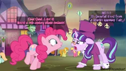 Size: 3840x2160 | Tagged: safe, artist:gypsykumquat, derpibooru import, pinkie pie, snowfall frost, starlight glimmer, a hearth's warming tail, angry, clothes, costume, halloween, halloween costume, holiday, image, png, show accurate, text, vector