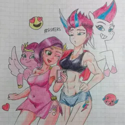 Size: 1774x1774 | Tagged: safe, artist:jackudoggy, derpibooru import, pipp petals, zipp storm, human, pony, my little pony: tell your tale, female, g5, graph paper, human ponidox, humanized, image, jpeg, muscles, self paradox, self ponidox, siblings, sisters, traditional art